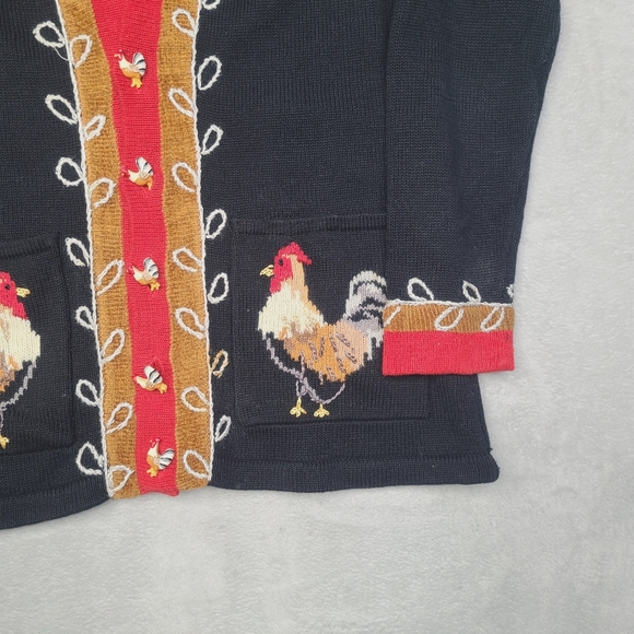 Vintage 90s STORYBOOK KNITS Rooster Cottage Cardigan Sweater Womens XS Black - Picture 11 of 11